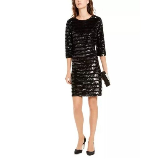 INC  Mini Dress Sequin Black Women's 3/4 Sleeve Sheath Evening Size XS - Picture 1 of 12